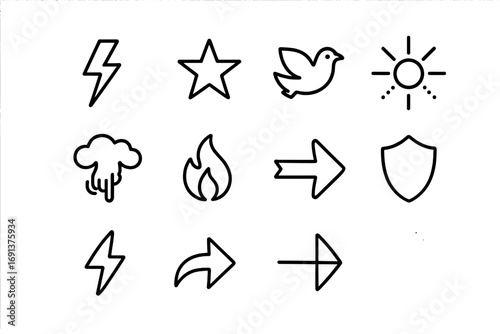 Divine Symbols Grid. Outline icon set of divine intervention: lightning bolt, star icon, dove, holy rays, hand