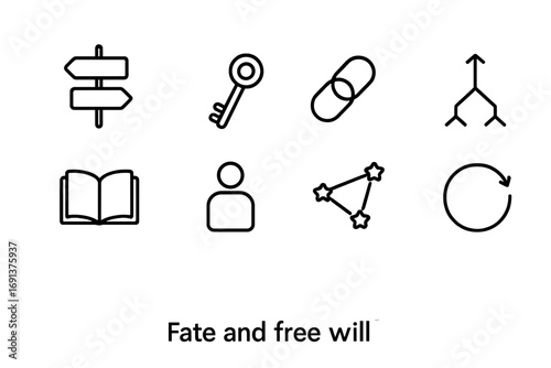 Fate and Freewill Icons. Outline icon set of fate and free will: crossroad arrows, key icon, chain link,