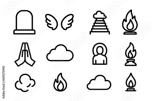 Afterlife Beliefs Icons. Outline icon set of afterlife beliefs: tombstone, angel wings, stairway to heaven,