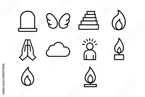 Afterlife Beliefs Icons. Outline icon set of afterlife beliefs: tombstone, angel wings, stairway to heaven,