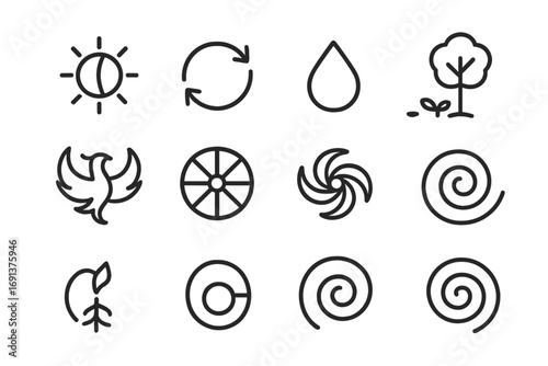 Eternal Cycles Icons. Outline icon set of eternal cycles: sun and moon, circular arrows, water droplet, seed