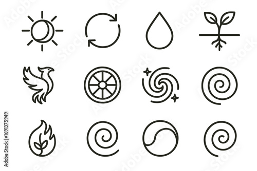 Eternal Cycles Icons. Outline icon set of eternal cycles: sun and moon, circular arrows, water droplet, seed