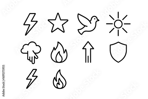 Divine Symbols Grid. Outline icon set of divine intervention: lightning bolt, star icon, dove, holy rays, hand