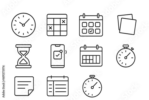Time Management Icons. Outline icon set of time blocking: wall clock, planner grid, calendar, sticky notes,
