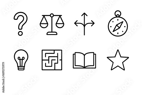 Decision Icons Grid. Outline icon set of decision-making in priorities: question mark, balance scale, decision