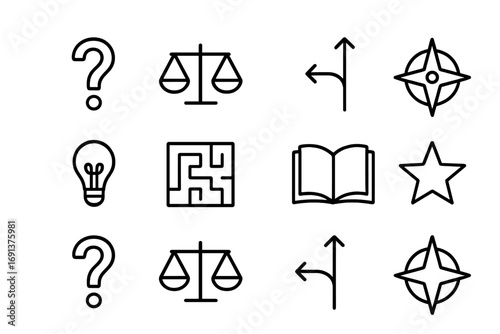 Decision Icons Grid. Outline icon set of decision-making in priorities: question mark, balance scale, decision