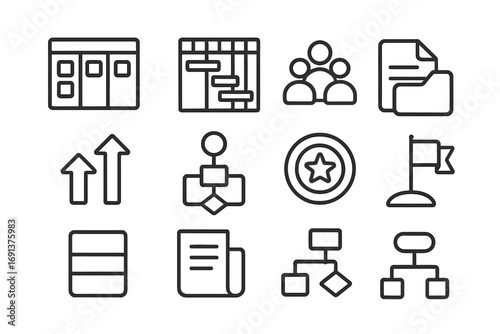 Project Management Icons. Outline icon set of project management priorities: task board, gantt chart, group
