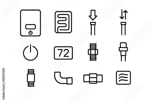 Tankless Water Heater Icons. Outline icon set of tankless water heater: compact unit, heating coil, cold water