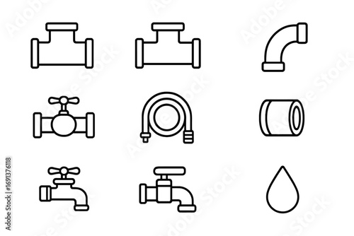 Plumbing Icon Set. Outline icon set of plumbing connections: pipe joint, T-connector, elbow pipe, shutoff