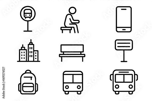 City Bus Stop Icons. Outline icon set of a person waiting for the bus at a bus stop in the city: bus stop sign