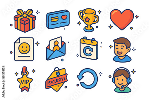 Loyalty Icons Collection. Colorful isometric vector icons set of customer loyalty and retention: gift box, loyalty card, reward