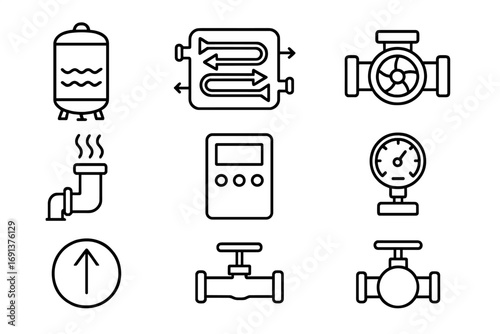 Industrial Heating Icons. Outline icon set of industrial water heating: boiler tank, heat exchanger,