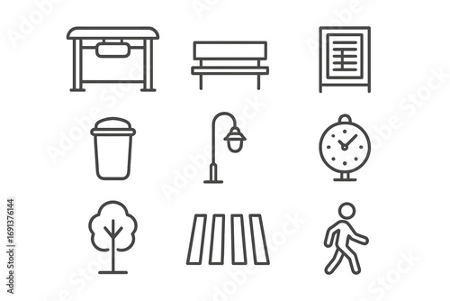 Bus Stop Icon Set. Outline icon set of bus stop environment: bus shelter, bench, timetable poster, trash bin,