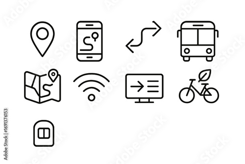 Smart City Commuting Icons. Outline icon set of smart city commuting: GPS pin, smartphone app, route arrows,