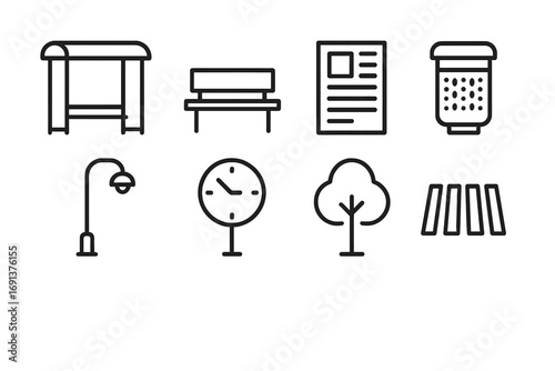 Bus Stop Icon Set. Outline icon set of bus stop environment: bus shelter, bench, timetable poster, trash bin,