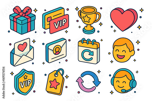 Loyalty Icons Collection. Colorful isometric vector icons set of customer loyalty and retention: gift box, loyalty card, reward