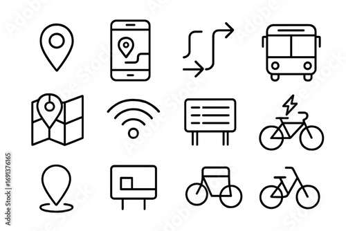 Smart City Commuting Icons. Outline icon set of smart city commuting: GPS pin, smartphone app, route arrows,