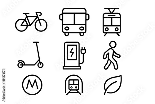 Sustainable Transport Icons. Outline icon set of sustainable city transport: bicycle, bus, tram, electric
