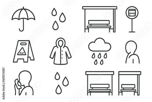 Rainy Day Icons. Outline icon set of rainy day at bus stop: umbrella, raindrops, bench, bus shelter, wet floor