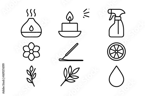 Air Freshening Icons. Outline icon set of air freshening alternatives: essential oil diffuser, candle, spray