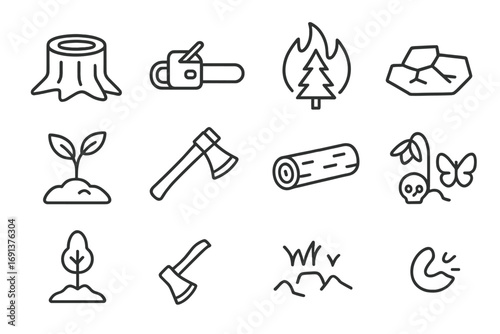 Deforestation Icon Set. Outline icon set of deforestation and climate: chopped tree, chainsaw, wildfire, bare