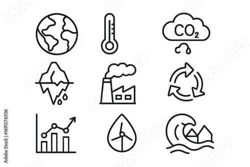 Climate Change Icons. Outline icon set of climate change science: earth globe, thermometer, CO2 cloud, melting