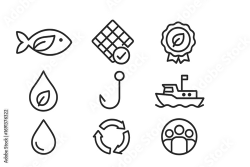 Sustainable Fishing Icons. Outline icon set of sustainable fishing: fish with leaf, net with checkmark, eco