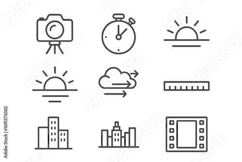 Time-Lapse Icon Set. Outline icon set of time-lapse photography: camera on tripod, stopwatch, sunrise, sunset,