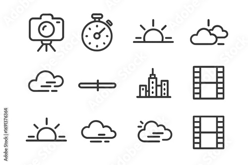 Time-Lapse Icon Set. Outline icon set of time-lapse photography: camera on tripod, stopwatch, sunrise, sunset,
