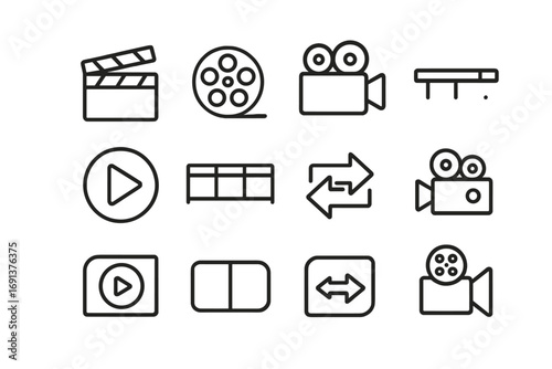 Cinematic Icons Grid. Outline icon set of cinematic time-lapse effects: clapperboard, film reel, video camera,