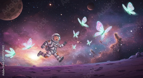 A whimsical astronaut joyfully chasing glowing magical butterflies across a surreal alien planet landscape