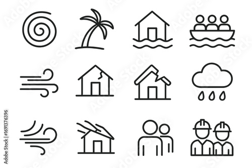 Tropical Storm Icons. Outline icon set of tropical storms and their effect on island communities: hurricane