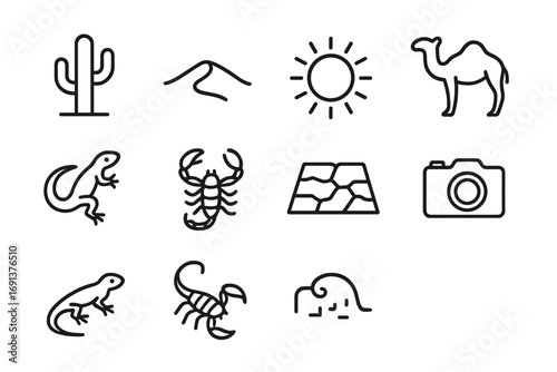 Desert Icons Grid. Outline icon set of desert landscape photography: cactus, sand dune, sun, camel, lizard,
