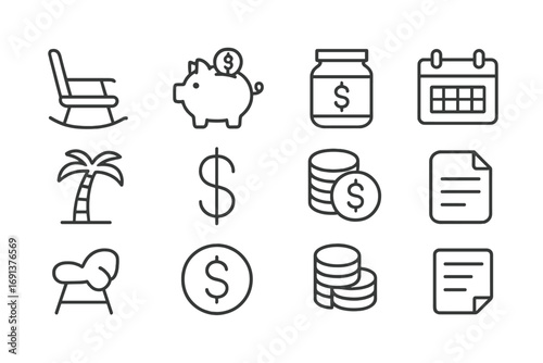 Retirement Planning Icons. Outline icon set of retirement planning: rocking chair, piggy bank, savings jar,