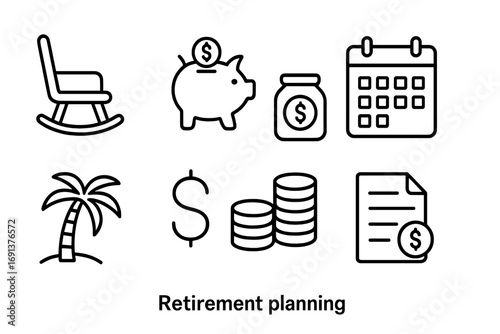 Retirement Planning Icons. Outline icon set of retirement planning: rocking chair, piggy bank, savings jar,