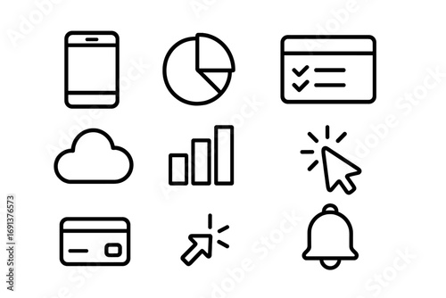 Digital Budgeting Icons. Outline icon set of digital budgeting apps: smartphone, pie chart, checklist, bank