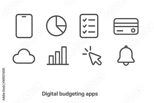 Digital Budgeting Icons. Outline icon set of digital budgeting apps: smartphone, pie chart, checklist, bank