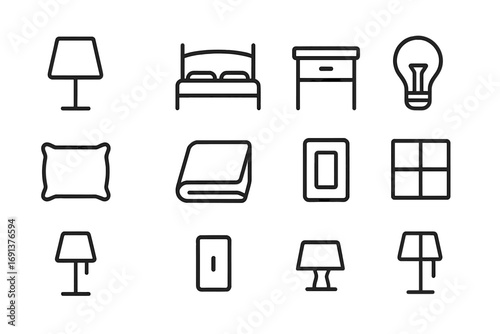 Minimalist Bedside Icons. Outline icon set of a set of matching, minimalist lamps on both sides of the bed: