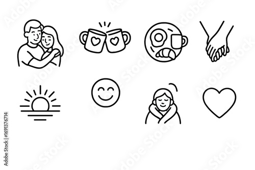 Loving Moments Icons. Outline icon set of loving moments during daily routines: couple hugging, coffee mugs