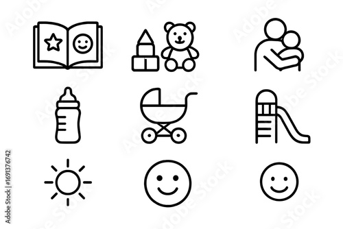 Parent-Child Bonding Icons. Outline icon set of parent-child bonding: storybook, toys, hug, baby bottle,