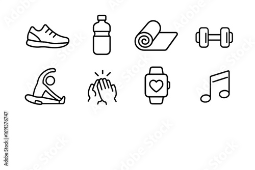 Shared Fitness Icons. Outline icon set of shared fitness routines: running shoes, water bottle, yoga mat,
