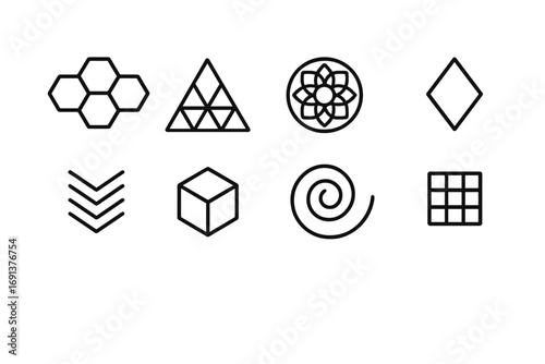 Geometric Icon Set. Outline icon set of geometric patterns in home decoration: hexagon tile, triangle motif,