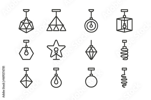 Geometric Lighting Icon Set. Outline icon set of geometric lighting fixtures: polygon lamp, triangular
