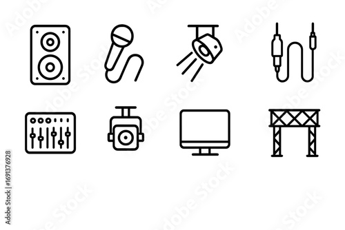 Audio Visual Equipment Icons. Outline icon set of sound and lighting equipment: speaker, microphone, light