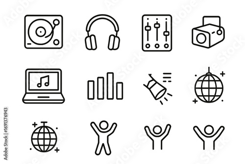 DJ Event Icon Set. Outline icon set of DJ events: turntable, headphones, mixer board, laptop, equalizer,