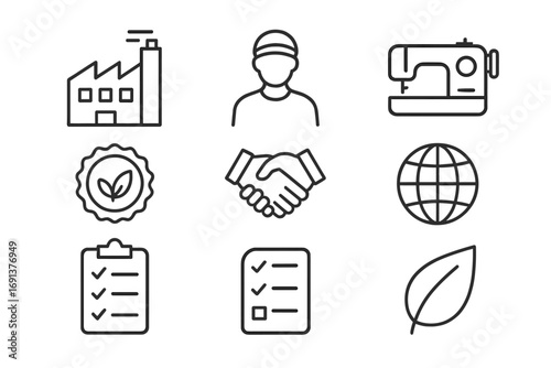 Ethical Fashion Icons. Outline icon set of ethical fashion production: factory building, worker icon,