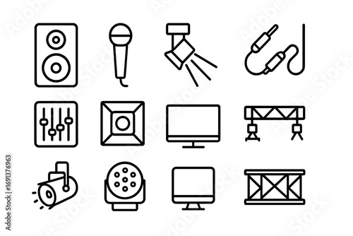 Audio Visual Equipment Icons. Outline icon set of sound and lighting equipment: speaker, microphone, light