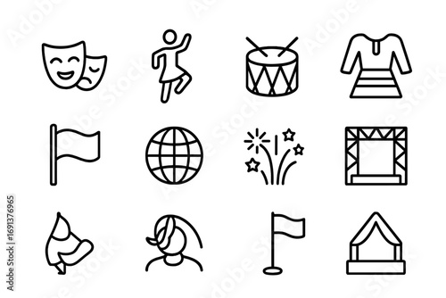 Cultural Event Icons. Outline icon set of cultural outdoor events: theater mask, dance figure, drum,
