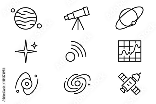 Exoplanet Icon Set. Outline icon set of exoplanet discovery: distant planet, telescope, orbit line, starburst,