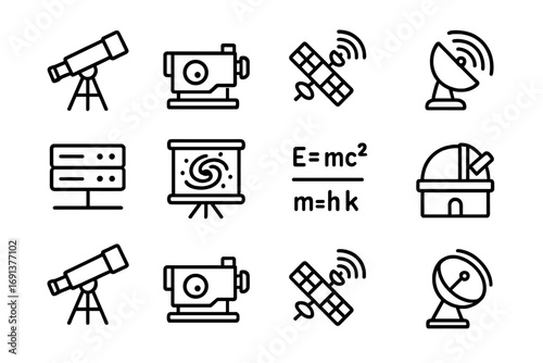 Astrophysics Tool Icons. Outline icon set of astrophysics tools: telescope, spectrometer, satellite, radar